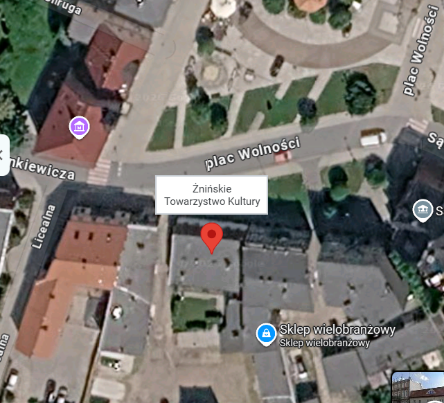 Lokalizacja siedziby Żnińskiego Towarzystwa Kultury przy Placu Wolności 20 w Żninie